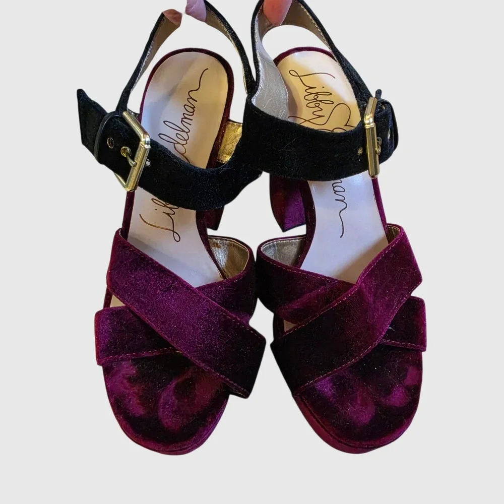 Libby Edelman Whimsigoth Velvet Platform Sandals 7.5M Marsha Burgundy Black